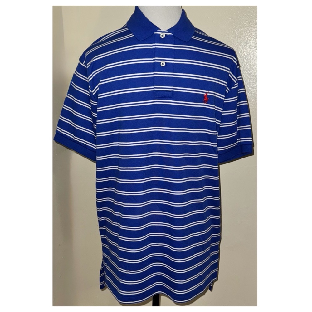 Mens Ralph Lauren Cadet Blue/White Stripe Short Sleeve Polo Shirt, Sz M